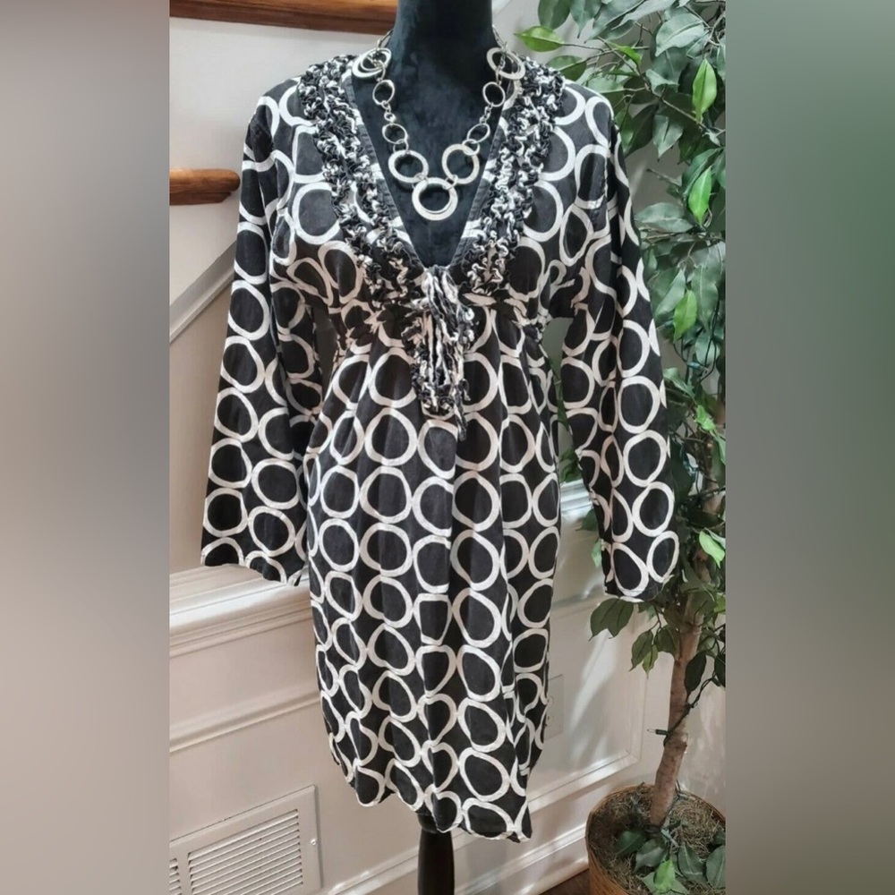 Mud pie Bag Lady tunic swim coverup dress large black white preppy ruffle